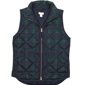 J.Crew Excursion Quilted Down Vest Blackwatch Plaid Holiday Puffer Gold Zip XS